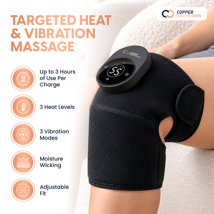 CopperVibe™ Vibrating and Heat Knee Massager for Everyday Knee Soreness and Stiffness, 3 Heat and Vibration Levels, Cordless Rechargeable Wrap with Adjustable Strap, One Size, Black
