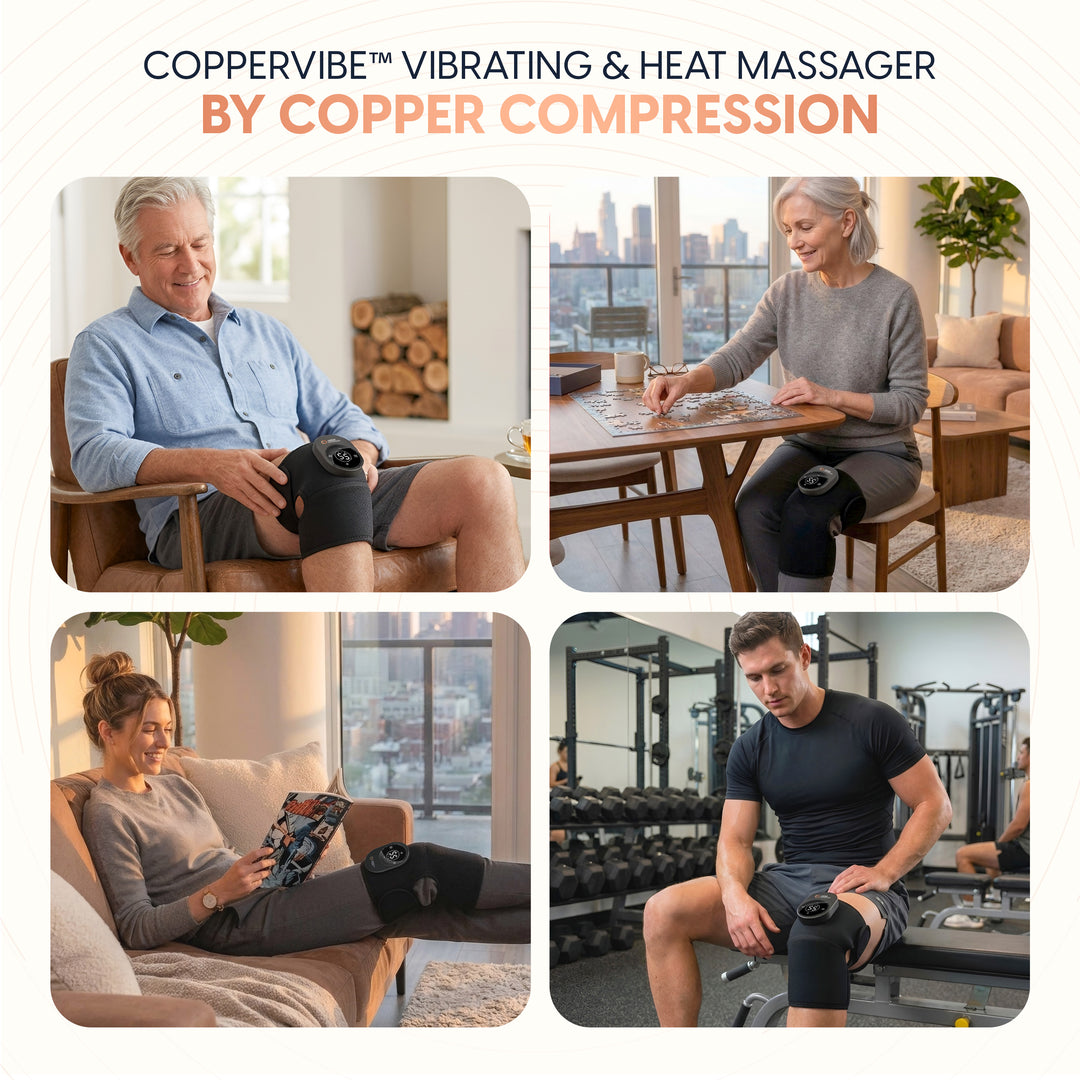 CopperVibe™ Vibrating and Heat Knee Massager for Everyday Knee Soreness and Stiffness, 3 Heat and Vibration Levels, Cordless Rechargeable Wrap with Adjustable Strap, One Size, Black