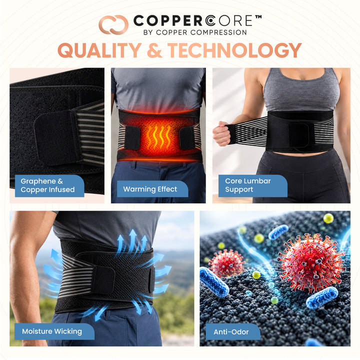 CopperCore™ Infrared Energy Back Brace by Copper Compression For Lower Back Pain, Sciatica & Posture, 6 Stabilizers, Adjustable Straps, Graphene & Copper Infused Lumbar Support Belt