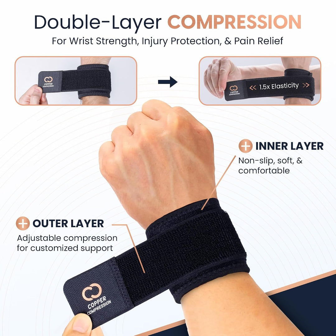 Copper Compression Wrist Wraps – Adjustable Copper Infused Wrist Support for Weightlifting, Workouts, Injury Recovery, Carpal Tunnel, Tendonitis, and Pain Relief – Breathable and Comfortable Straps
