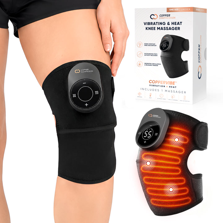 CopperVibe™ Vibrating and Heat Knee Massager for Everyday Knee Soreness and Stiffness, 3 Heat and Vibration Levels, Cordless Rechargeable Wrap with Adjustable Strap, One Size, Black